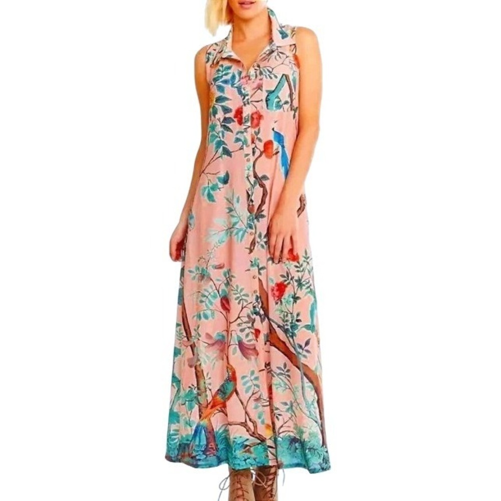 Soft Surroundings Chinoiserie Embroidered Bird Garden Boho Maxi Shirt Dress PM